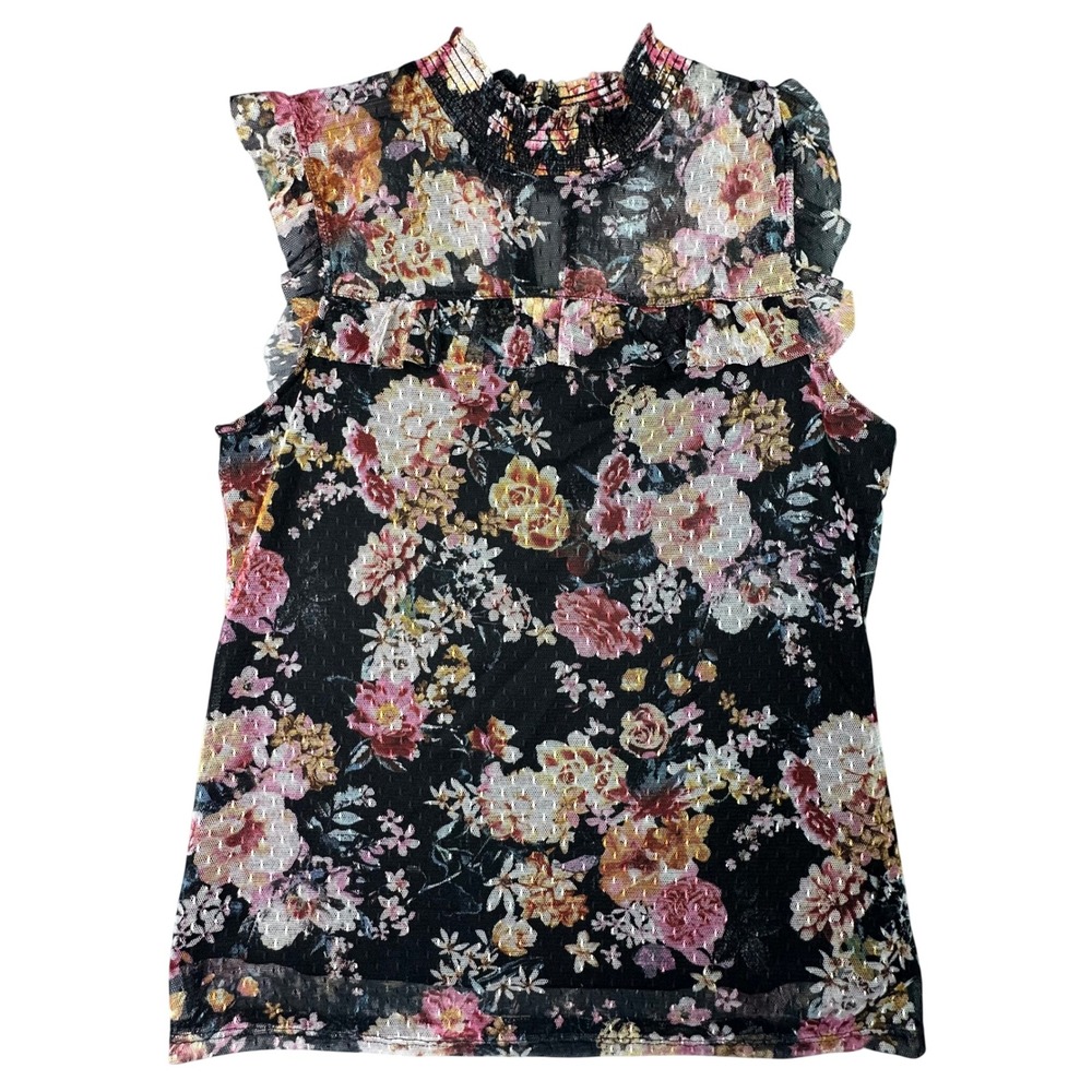 No Boundaries Floral Mesh Ruffle Sleeveless Top Smocked Neck M 7-9 Black Multi